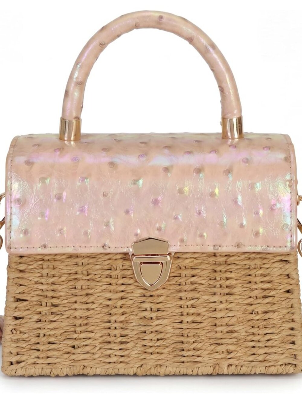 Women's Boho Handmade Ostrich Vegan Leather Straw Tote – Top Handle Shoulder Bag